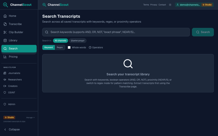 Library search demo: search across 168 videos, switch to Trend View to see monthly activity chart