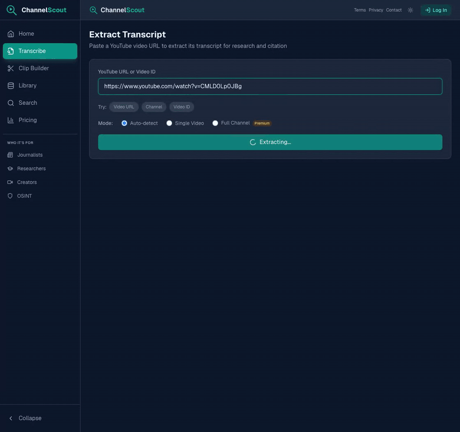 Transcript search demo: paste a YouTube URL, search the transcript, click to seek